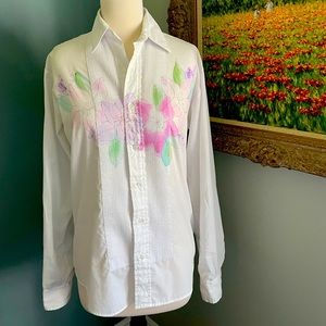 Vintage white & watercolor floral button down, size Med.